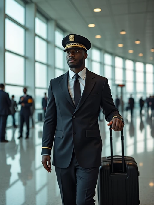model as a flight attendant at airport terminal, wearing if(gender=f){a figure-hugging flight attendant uniform with hat, leather gloves, fishnet stockings and thigh-high skirt} if(gender=m){a commanding presence in a sharp flight attendant uniform with cap and broad chest}, confidently pulling cabin luggage through international terminal