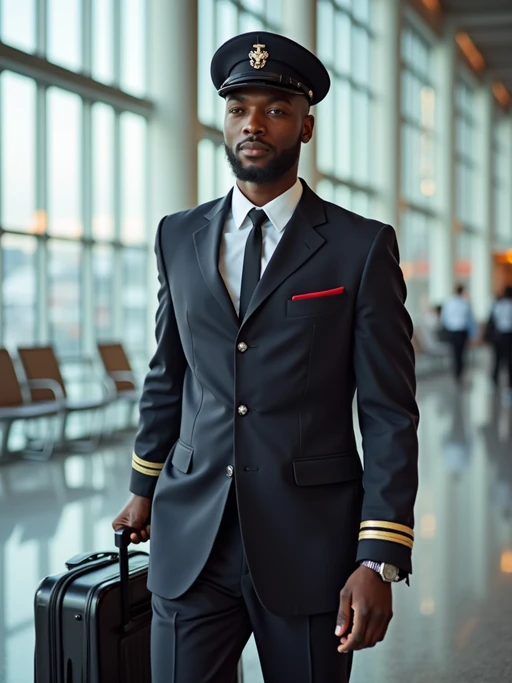 model as a flight attendant at airport terminal, wearing if(gender=f){a figure-hugging flight attendant uniform with hat, leather gloves, fishnet stockings and thigh-high skirt} if(gender=m){a commanding presence in a sharp flight attendant uniform with cap and broad chest}, confidently pulling cabin luggage through international terminal