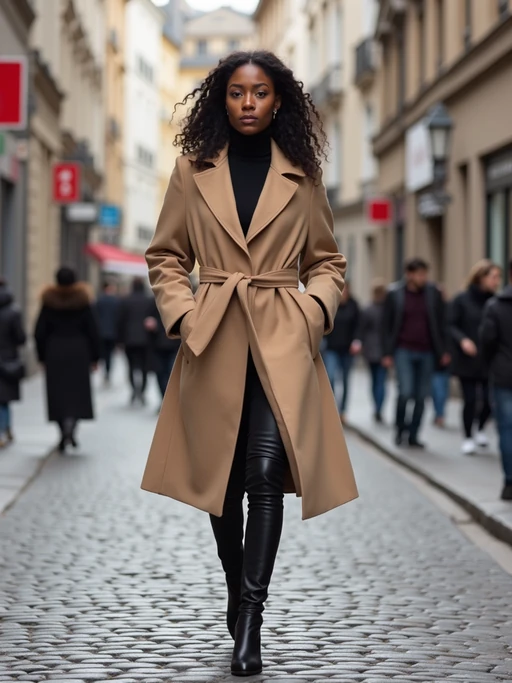 elegant model in nude color palette (coat, turtleneck, boots), walking on cobblestone street, high-end street style fashion shoot