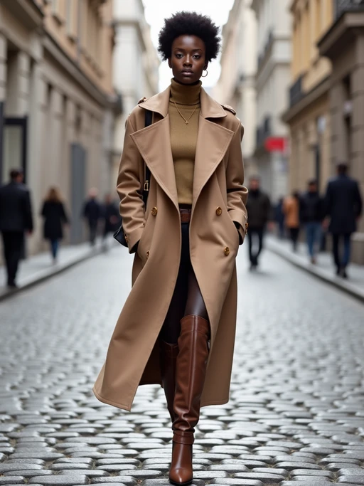 elegant model in nude color palette (coat, turtleneck, boots), walking on cobblestone street, high-end street style fashion shoot