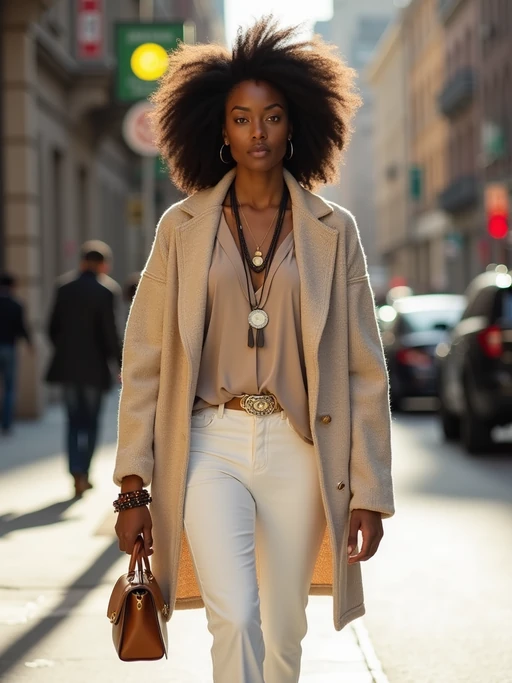 model wearing nude beige cardigan with white pants and leather accessories, walking outdoors in sunlight, fashion street style shoot