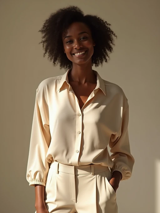 beautiful model wearing nude-colored silk blouse and matching trousers, posing indoors with soft indirect light, minimalist luxury fashion look