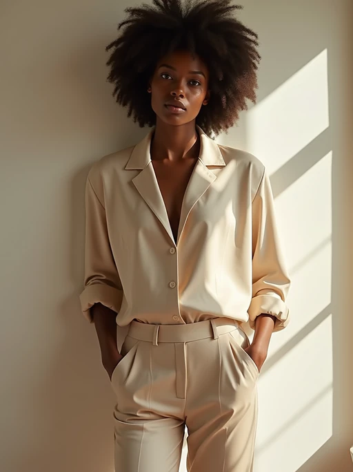 beautiful model wearing nude-colored silk blouse and matching trousers, posing indoors with soft indirect light, minimalist luxury fashion look