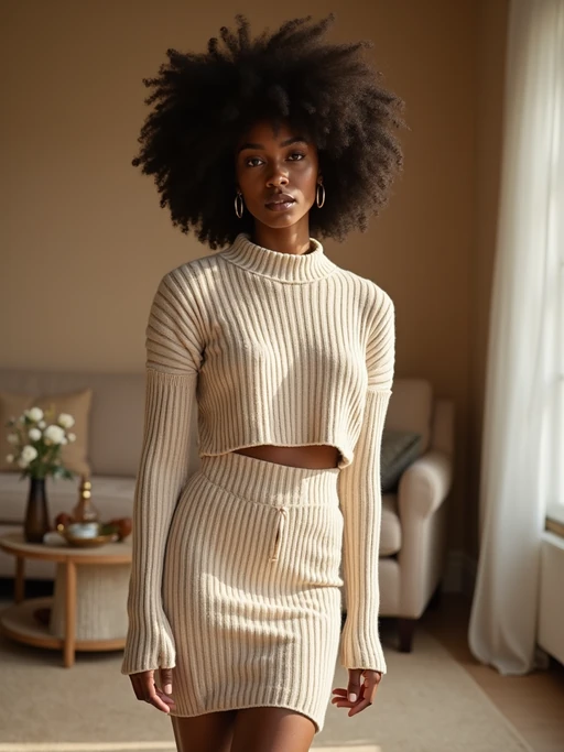 model wearing a nude-colored ribbed knit two-piece set (sweater and skirt), in a Scandinavian interior, warm natural lighting, fashion photography