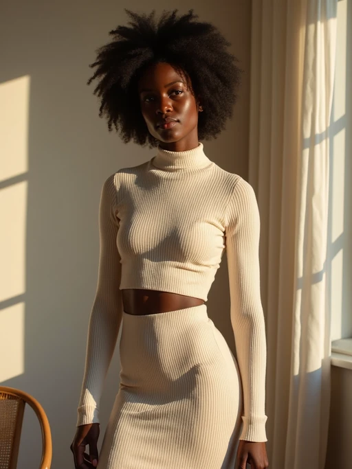 model wearing a nude-colored ribbed knit two-piece set (sweater and skirt), in a Scandinavian interior, warm natural lighting, fashion photography