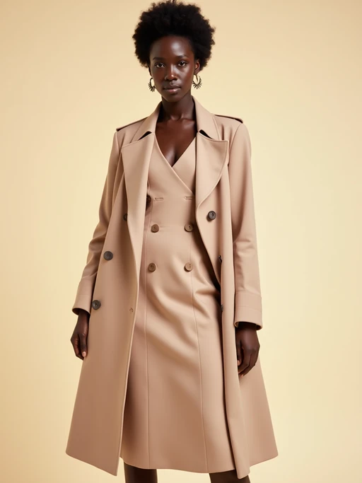 fashionable model in a nude-colored midi dress and matching coat, soft pastel background, luxury street style photography