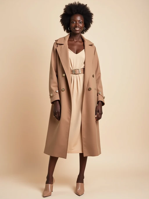 fashionable model in a nude-colored midi dress and matching coat, soft pastel background, luxury street style photography