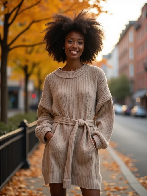 chic model wearing a nude-toned sweater dress with a belt, standing near autumn trees, soft golden hour lighting, cozy and elegant look, urban backdrop