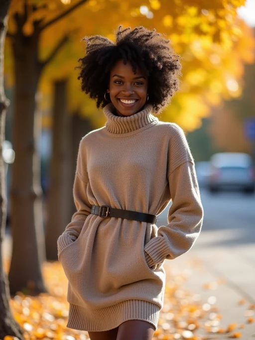 chic model wearing a nude-toned sweater dress with a belt, standing near autumn trees, soft golden hour lighting, cozy and elegant look, urban backdrop