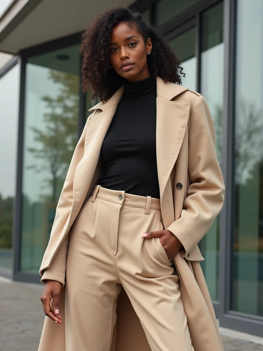 fashion model in a nude-colored long coat and high-waisted trousers with a turtleneck, posing in front of a modern building, soft shadows, professional fashion editorial style