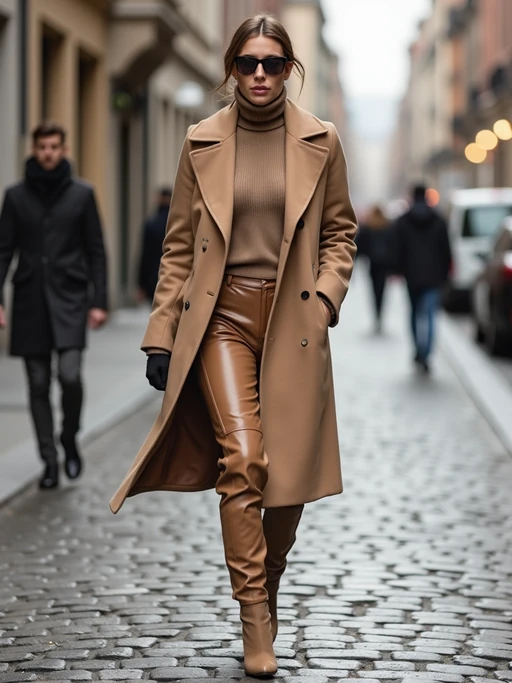 elegant model in nude color palette (coat, turtleneck, boots), walking on cobblestone street, high-end street style fashion shoot