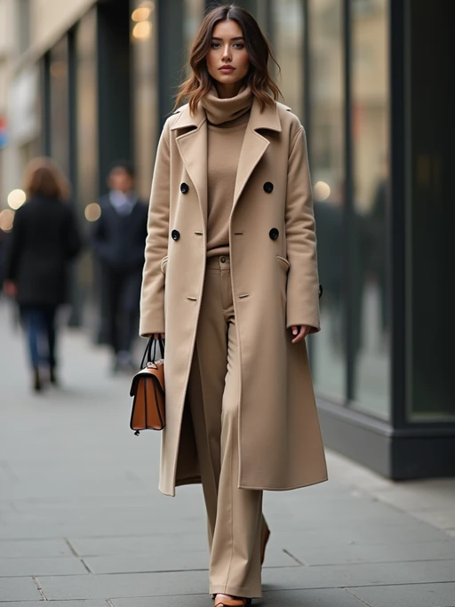 high fashion model in nude-toned monochromatic outfit, including overcoat and handbag, urban setting, professional lighting and soft shadows, luxury editorial photo