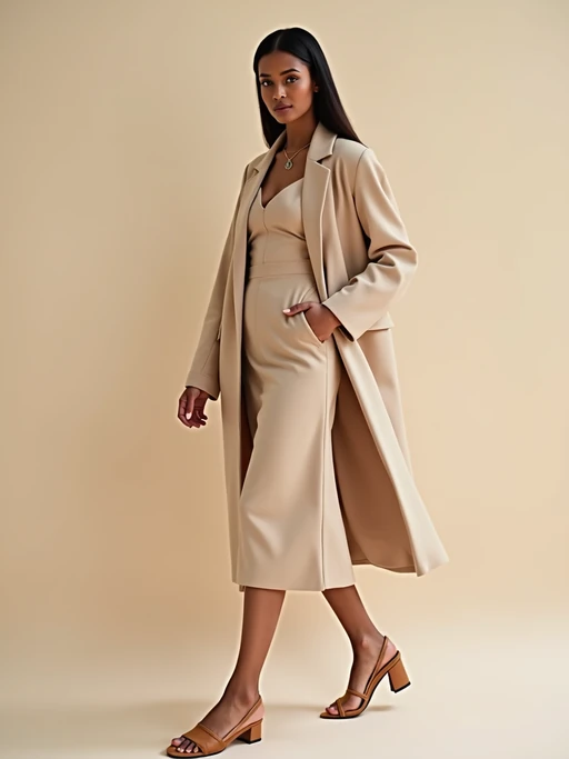 fashionable model in a nude-colored midi dress and matching coat, soft pastel background, luxury street style photography