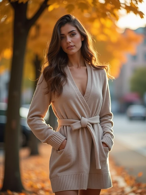 chic model wearing a nude-toned sweater dress with a belt, standing near autumn trees, soft golden hour lighting, cozy and elegant look, urban backdrop