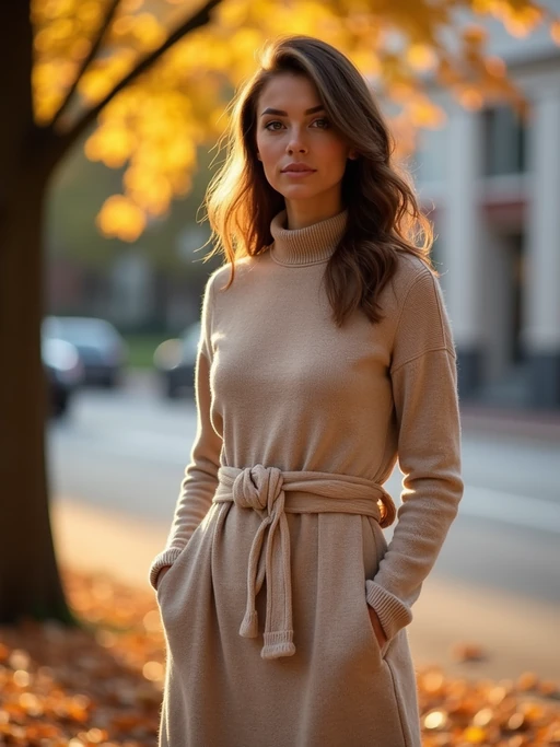 chic model wearing a nude-toned sweater dress with a belt, standing near autumn trees, soft golden hour lighting, cozy and elegant look, urban backdrop