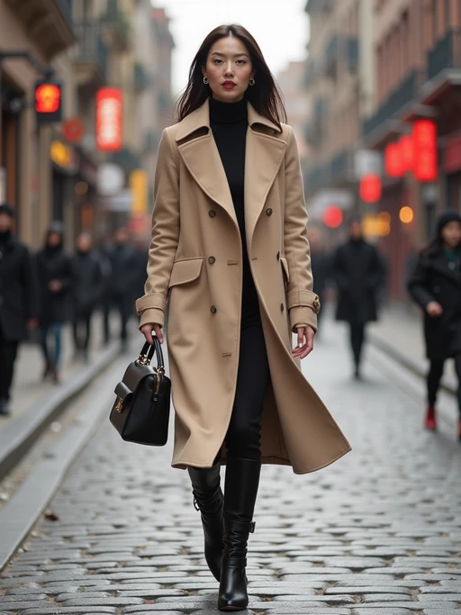 elegant model in nude color palette (coat, turtleneck, boots), walking on cobblestone street, high-end street style fashion shoot