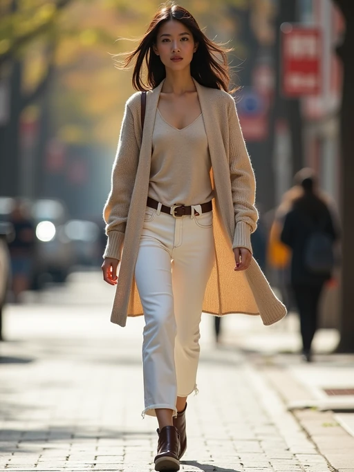 model wearing nude beige cardigan with white pants and leather accessories, walking outdoors in sunlight, fashion street style shoot