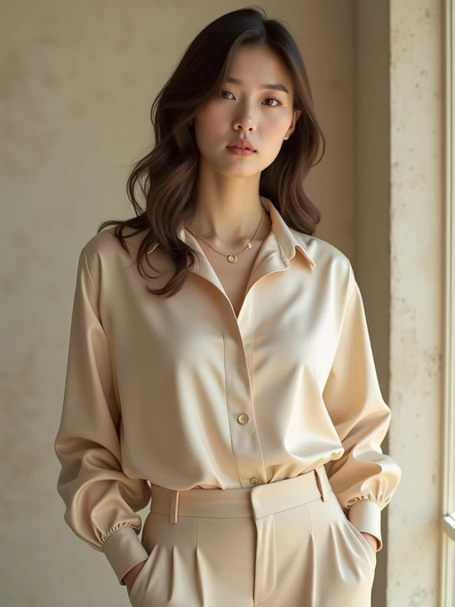 beautiful model wearing nude-colored silk blouse and matching trousers, posing indoors with soft indirect light, minimalist luxury fashion look