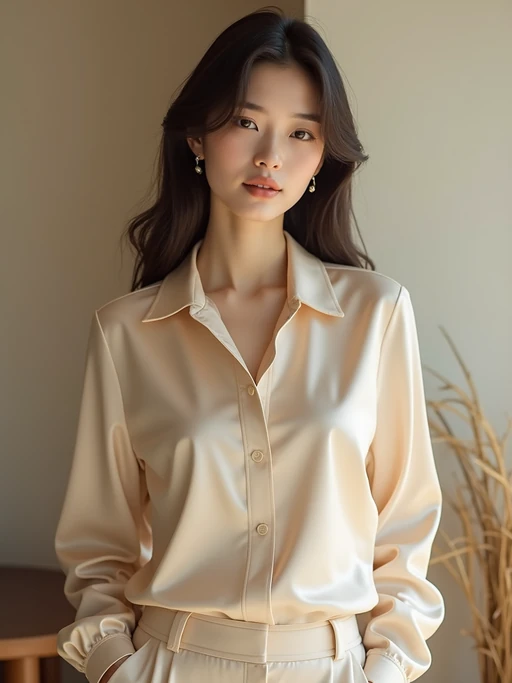 beautiful model wearing nude-colored silk blouse and matching trousers, posing indoors with soft indirect light, minimalist luxury fashion look