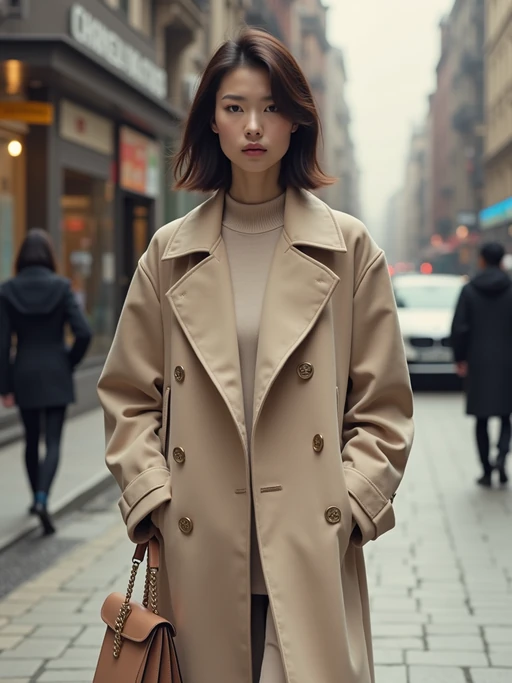 high fashion model in nude-toned monochromatic outfit, including overcoat and handbag, urban setting, professional lighting and soft shadows, luxury editorial photo