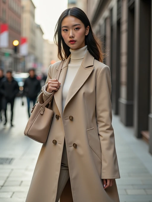 high fashion model in nude-toned monochromatic outfit, including overcoat and handbag, urban setting, professional lighting and soft shadows, luxury editorial photo