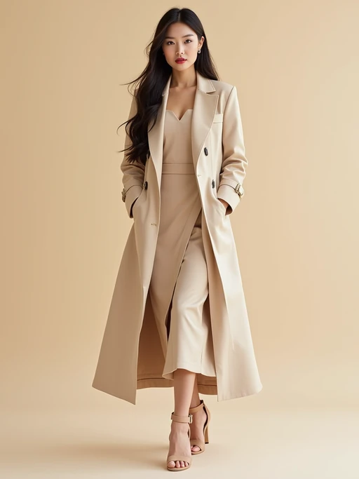 fashionable model in a nude-colored midi dress and matching coat, soft pastel background, luxury street style photography