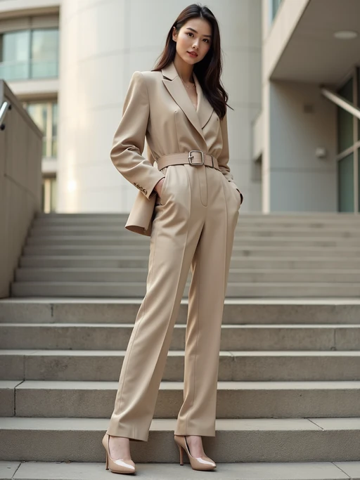 elegant model wearing a nude-colored belted pantsuit with high heels, posing on city steps, fashion photography, soft light and minimal background
