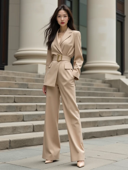 elegant model wearing a nude-colored belted pantsuit with high heels, posing on city steps, fashion photography, soft light and minimal background