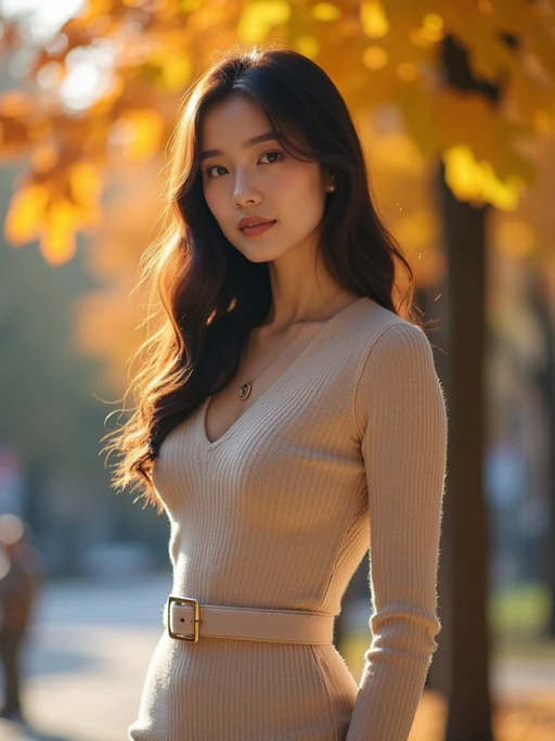 chic model wearing a nude-toned sweater dress with a belt, standing near autumn trees, soft golden hour lighting, cozy and elegant look, urban backdrop