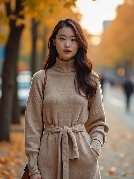 chic model wearing a nude-toned sweater dress with a belt, standing near autumn trees, soft golden hour lighting, cozy and elegant look, urban backdrop