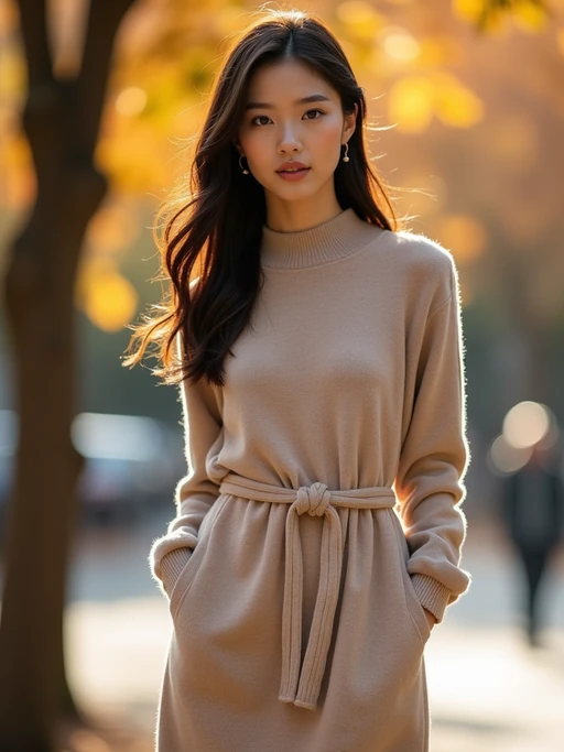 chic model wearing a nude-toned sweater dress with a belt, standing near autumn trees, soft golden hour lighting, cozy and elegant look, urban backdrop