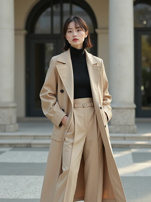 fashion model in a nude-colored long coat and high-waisted trousers with a turtleneck, posing in front of a modern building, soft shadows, professional fashion editorial style