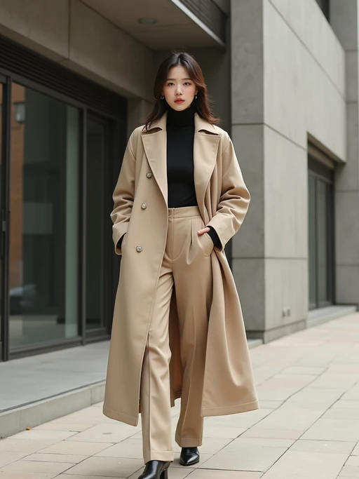 fashion model in a nude-colored long coat and high-waisted trousers with a turtleneck, posing in front of a modern building, soft shadows, professional fashion editorial style