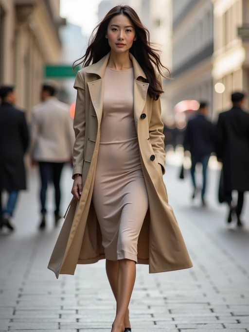 beautiful model wearing a nude-colored tailored trench coat over a form-fitting dress, walking confidently in a city street, soft natural daylight, neutral tones, elegant street fashion photography