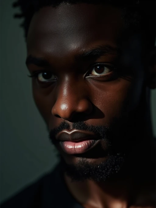 Artistic close-up of model with creative lighting. if(gender=f){Unique lighting patterns across face, sensual expression} if(gender=m){Dramatic shadows creating visual interest}. Experimental photography style.