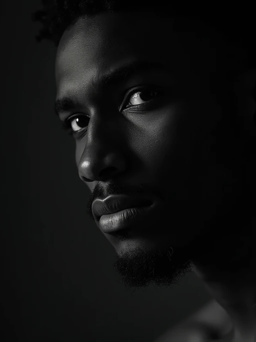 Black and white close-up portrait of model with dramatic shadows. if(gender=f){Sensual features enhanced by shadow play} if(gender=m){Strong jawline emphasized by contrast}. High contrast lighting, artistic composition.