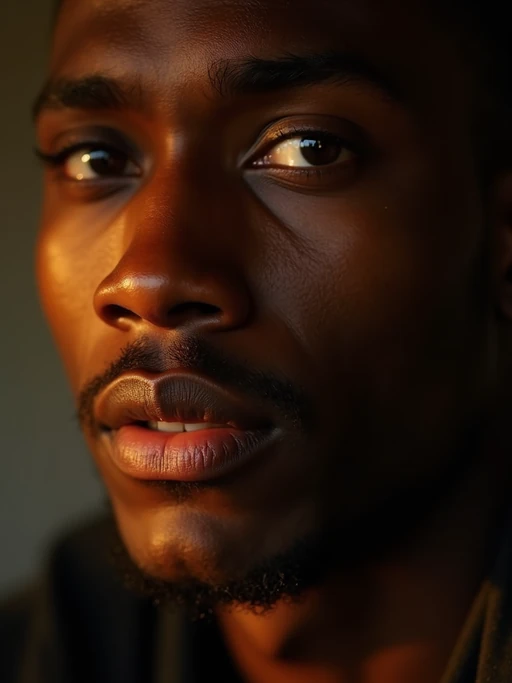 Extreme close-up portrait of model with golden hour lighting. if(gender=f){Glowing skin, sensual features highlighted} if(gender=m){Strong facial features, warm shadows}. Dramatic side lighting, cinematic quality.