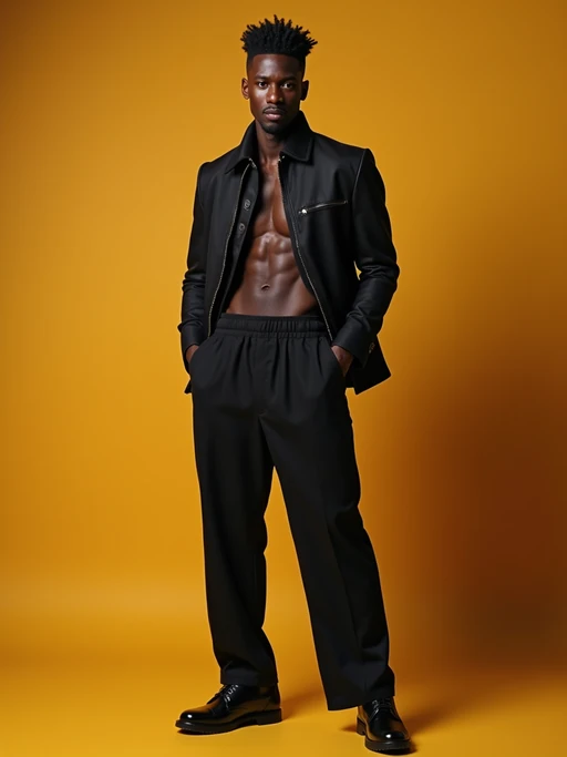Full body fashion portrait of model. if(gender=f){Complete outfit showcase, alluring stance} if(gender=m){Full fashion look, confident pose}. Professional fashion photography.