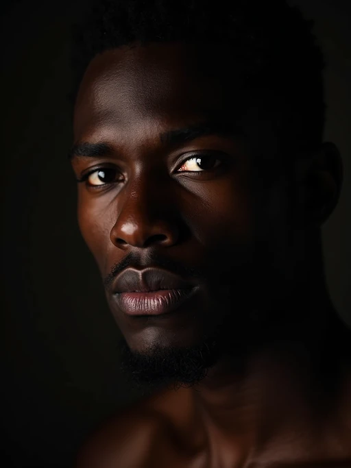 Sensual portrait of model with dramatic Rembrandt lighting. if(gender=f){Alluring pose, sultry makeup} if(gender=m){Intense gaze, confident expression}. Studio lighting setup, artistic composition.