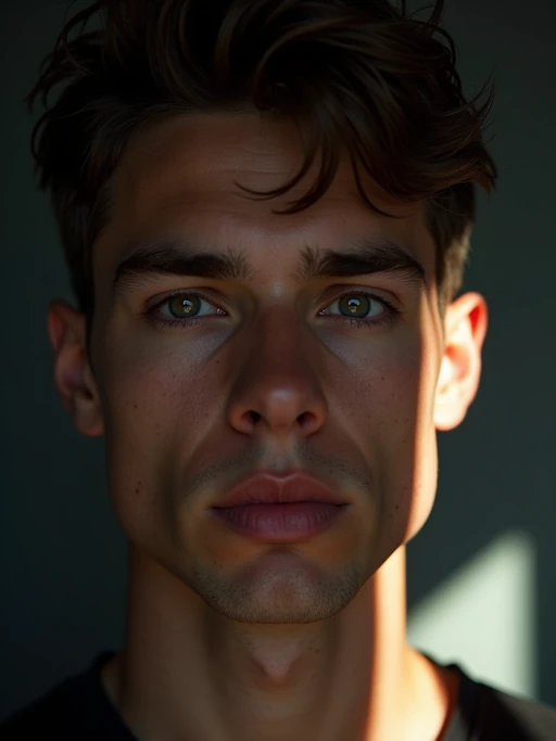 Artistic close-up of model with creative lighting. if(gender=f){Unique lighting patterns across face, sensual expression} if(gender=m){Dramatic shadows creating visual interest}. Experimental photography style.