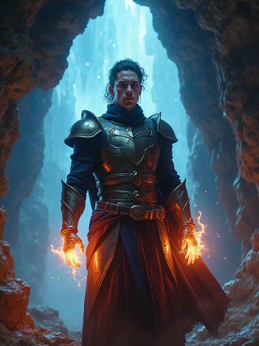 Model inside a glowing crystal cave, energy pulsing from the walls. if(gender=f){Wearing magical robes with floating ornaments} if(gender=m){Wearing armored robes with enchanted gauntlets}. High-fantasy tone, rich color palette, underground magic.