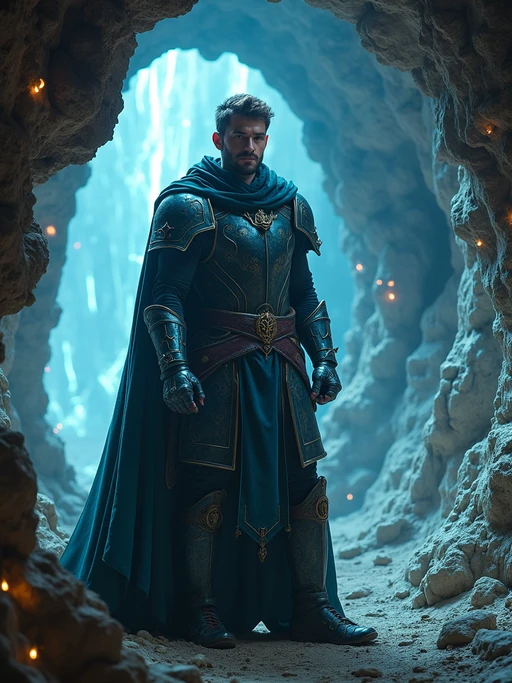 Model inside a glowing crystal cave, energy pulsing from the walls. if(gender=f){Wearing magical robes with floating ornaments} if(gender=m){Wearing armored robes with enchanted gauntlets}. High-fantasy tone, rich color palette, underground magic.