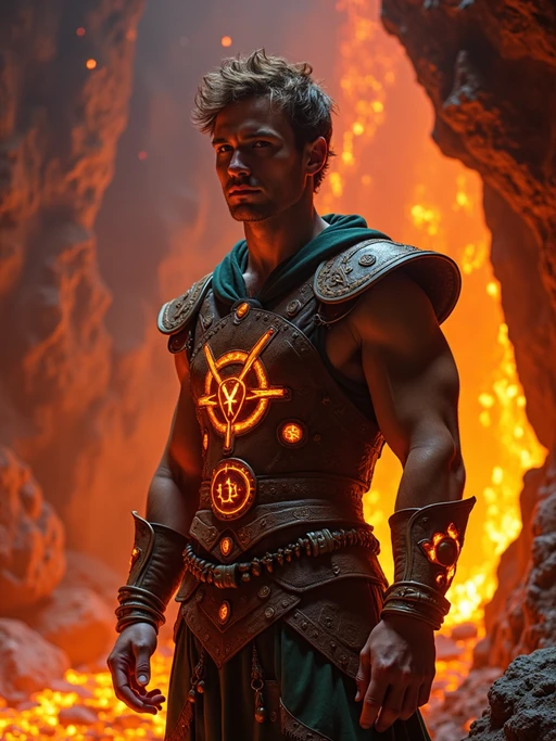 Model inside a magical lava cave surrounded by glowing crystals and firelight. if(gender=f){Wearing a flowing fireproof robe with arcane runes} if(gender=m){Wearing enchanted leather armor with glowing glyphs}. Fantasy RPG style, molten rock, ritual atmosphere.
