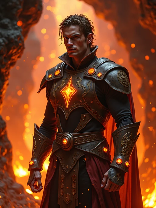 Model inside a magical lava cave surrounded by glowing crystals and firelight. if(gender=f){Wearing a flowing fireproof robe with arcane runes} if(gender=m){Wearing enchanted leather armor with glowing glyphs}. Fantasy RPG style, molten rock, ritual atmosphere.