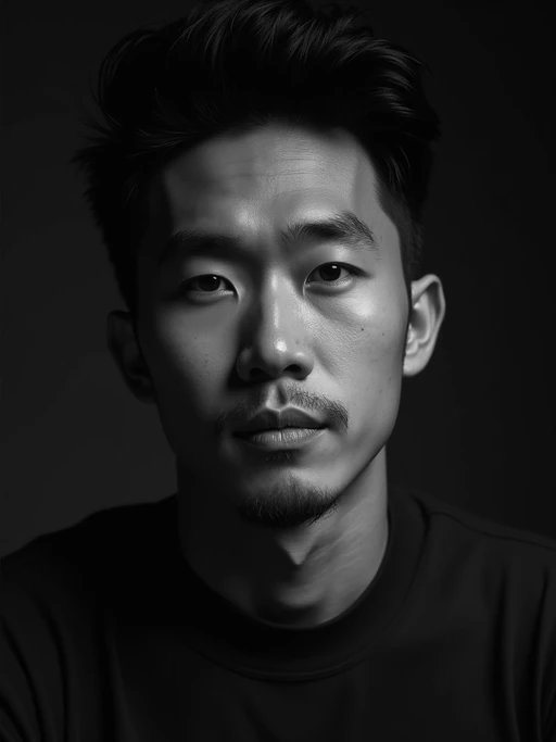Black and white close-up portrait of model with dramatic shadows. if(gender=f){Sensual features enhanced by shadow play} if(gender=m){Strong jawline emphasized by contrast}. High contrast lighting, artistic composition.