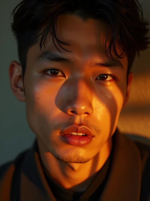 Extreme close-up portrait of model with golden hour lighting. if(gender=f){Glowing skin, sensual features highlighted} if(gender=m){Strong facial features, warm shadows}. Dramatic side lighting, cinematic quality.
