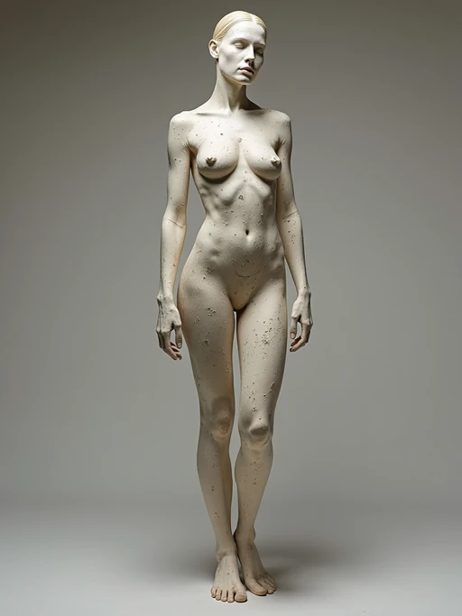 Full body portrait of model as a contemporary sculpture. if(gender=f){Modern materials, artistic form} if(gender=m){Abstract elements, creative composition}. Gallery installation style.