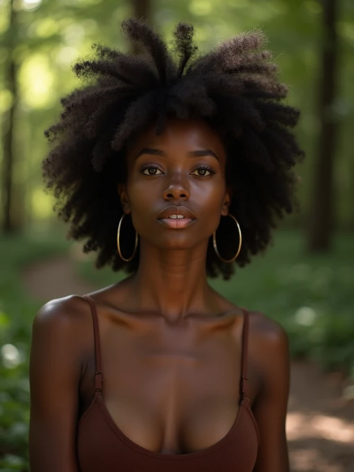 Model in a natural outdoor portrait. if(gender=f){Soft natural light through trees, sensual shadows} if(gender=m){Warm sunlight filtering through leaves}. Environmental portrait, organic lighting.