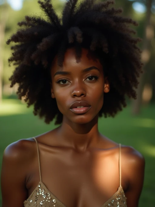 Model in a natural outdoor portrait. if(gender=f){Soft natural light through trees, sensual shadows} if(gender=m){Warm sunlight filtering through leaves}. Environmental portrait, organic lighting.