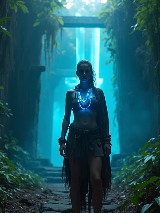 Model standing before an ancient jungle temple glowing with blue energy. if(gender=f){Wearing tribal explorer gear, short cloak, glowing necklace} if(gender=m){Wearing rugged survival armor with utility belt}. Overgrown ruins, tropical light shafts, mystical vibe.